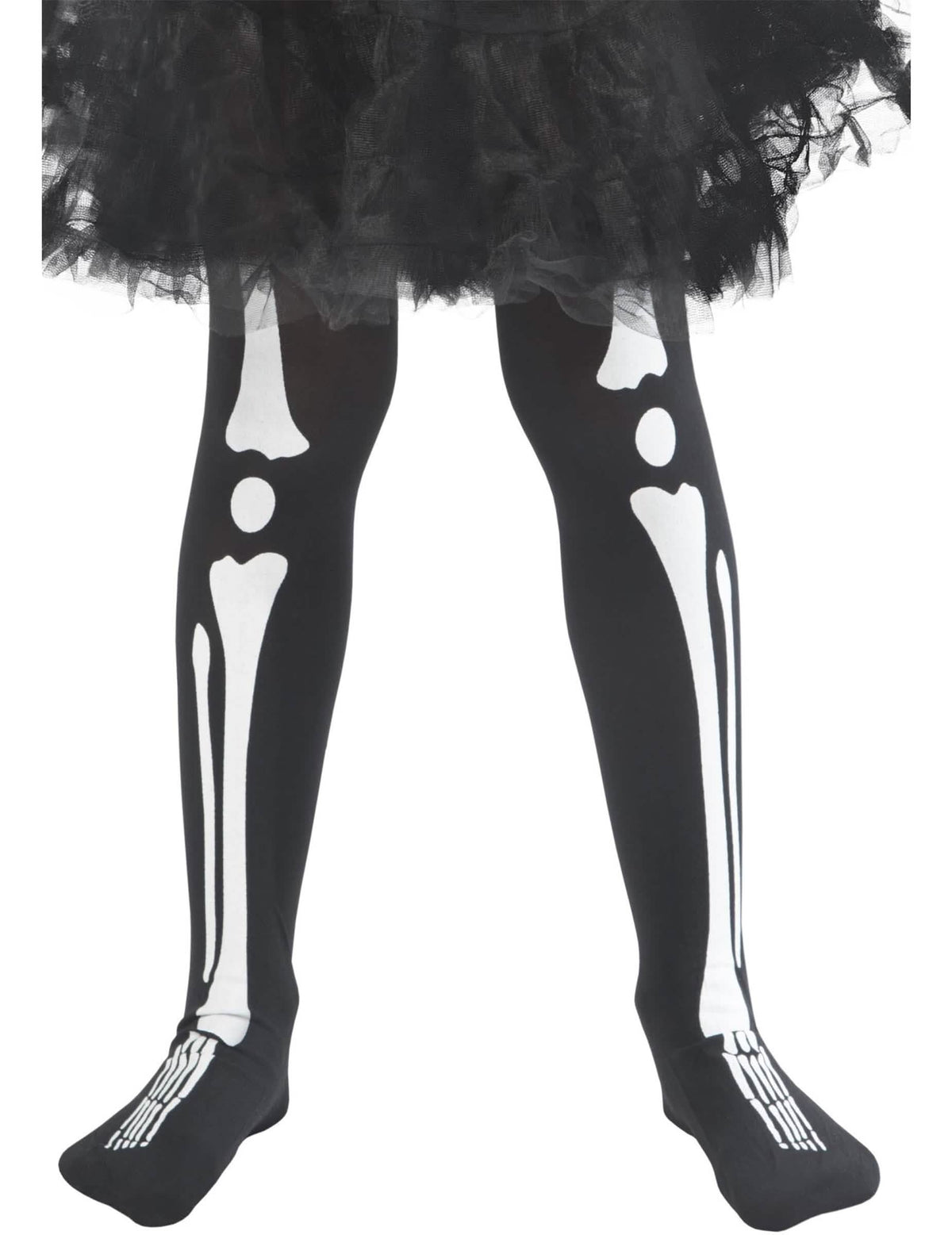 Gros plan sur l'imprimé os des jambes du collants squelette Halloween