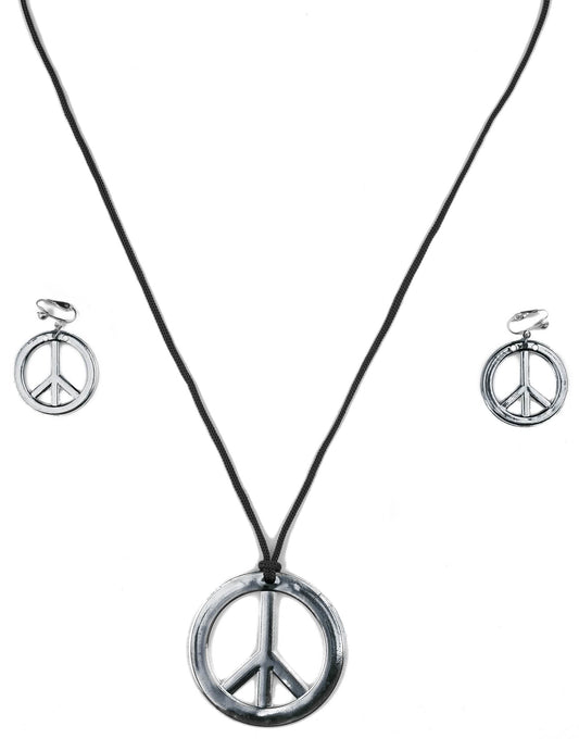 Vue d'ensemble argentée du collier et boucles d'oreilles hippie pour adulte