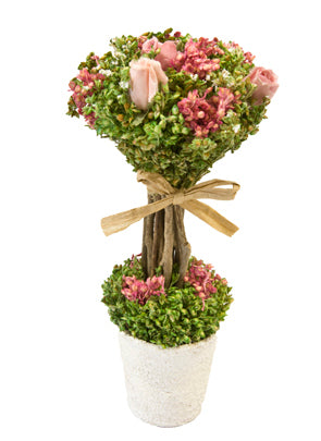 Аранжировка от сухи цветя и бели рози на стъбла в саксия 18 cm х 8 cm с ютен възел