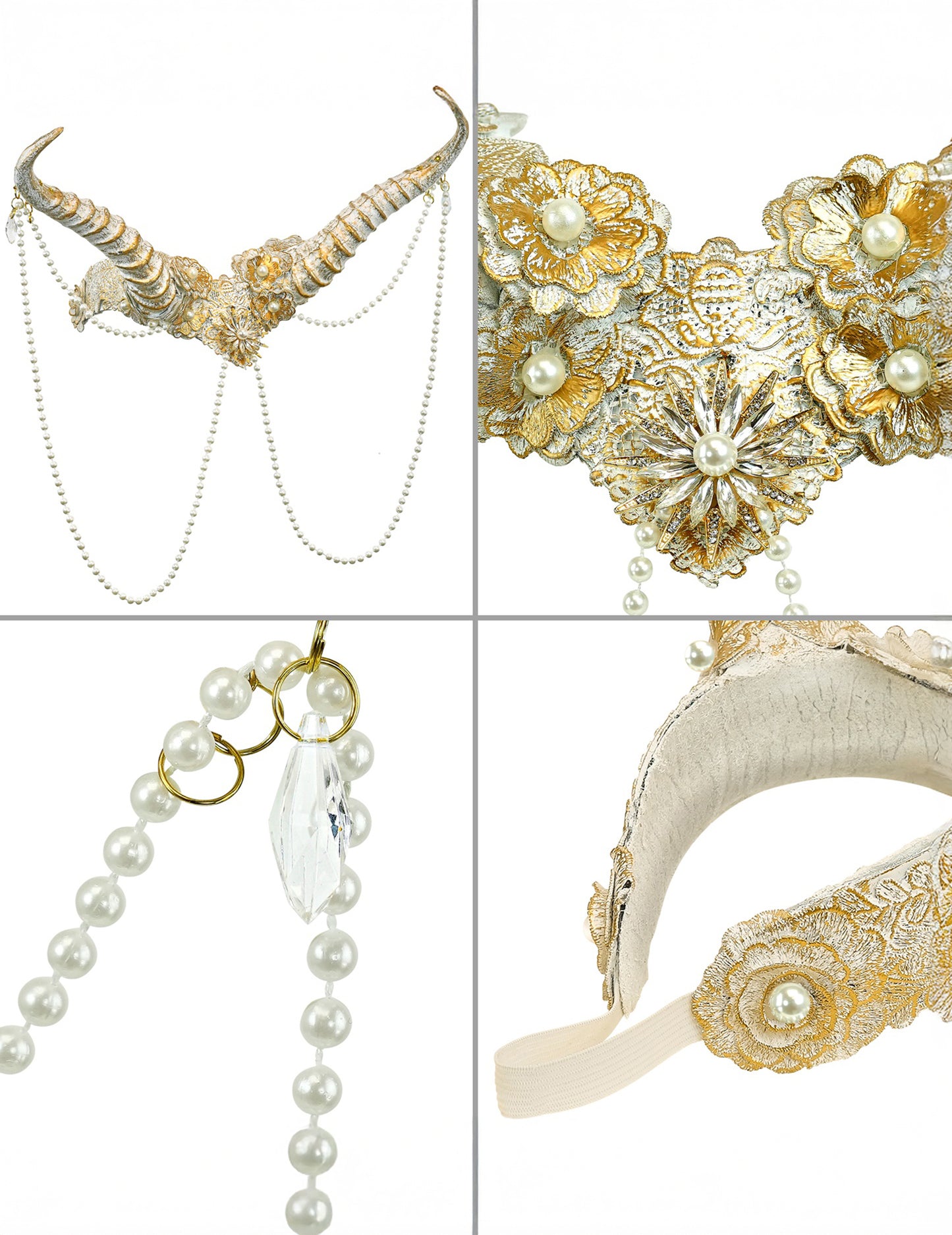 Бели и златни демонични рога с мъниста за възрастни