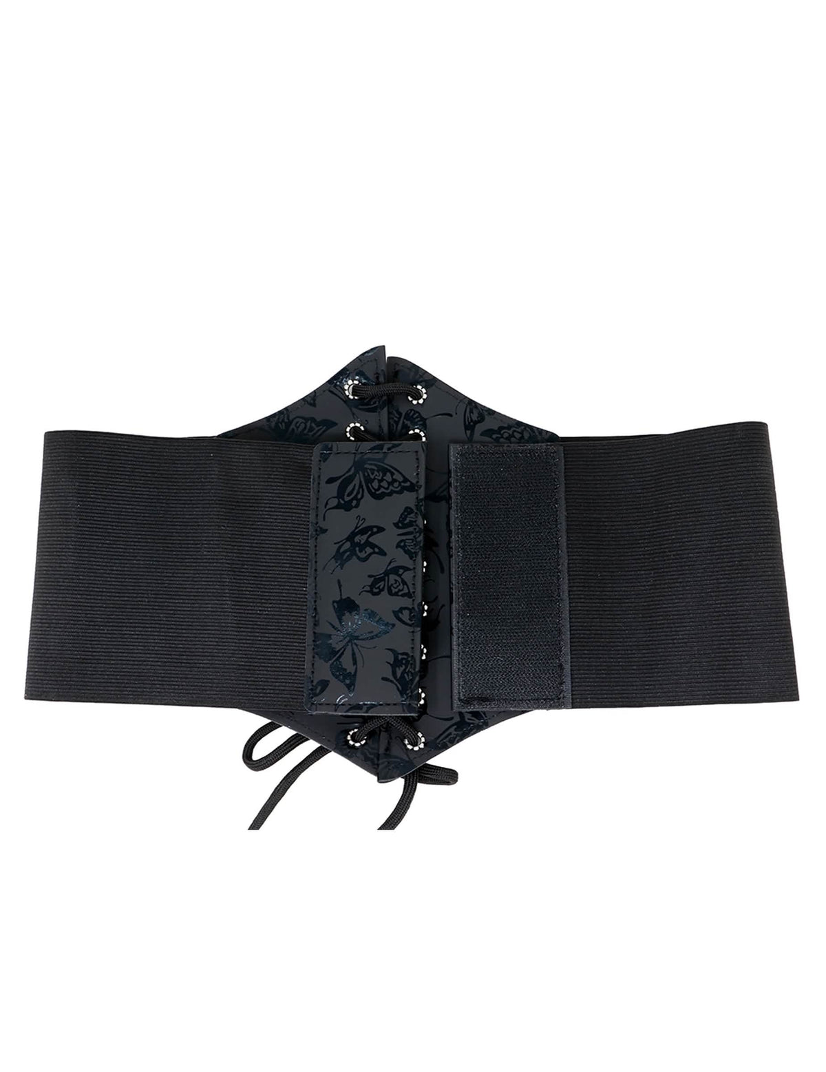 Détail du système de fermeture à scratch du corset élastique motif papillon