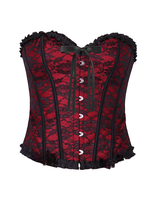 Vue de face du corset pour femme rouge à dentelle noire