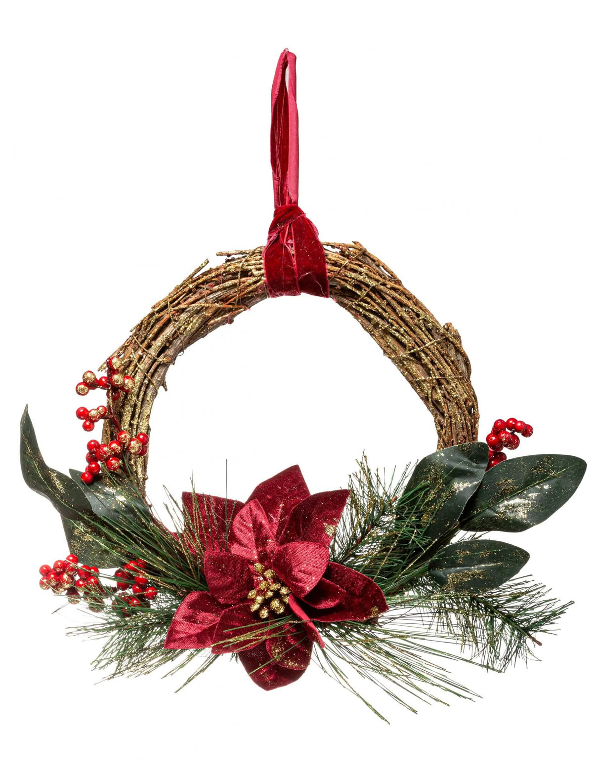 Couronne à suspendre fleur de poinsettia de Noël rouge et or avec feuillage et baies
