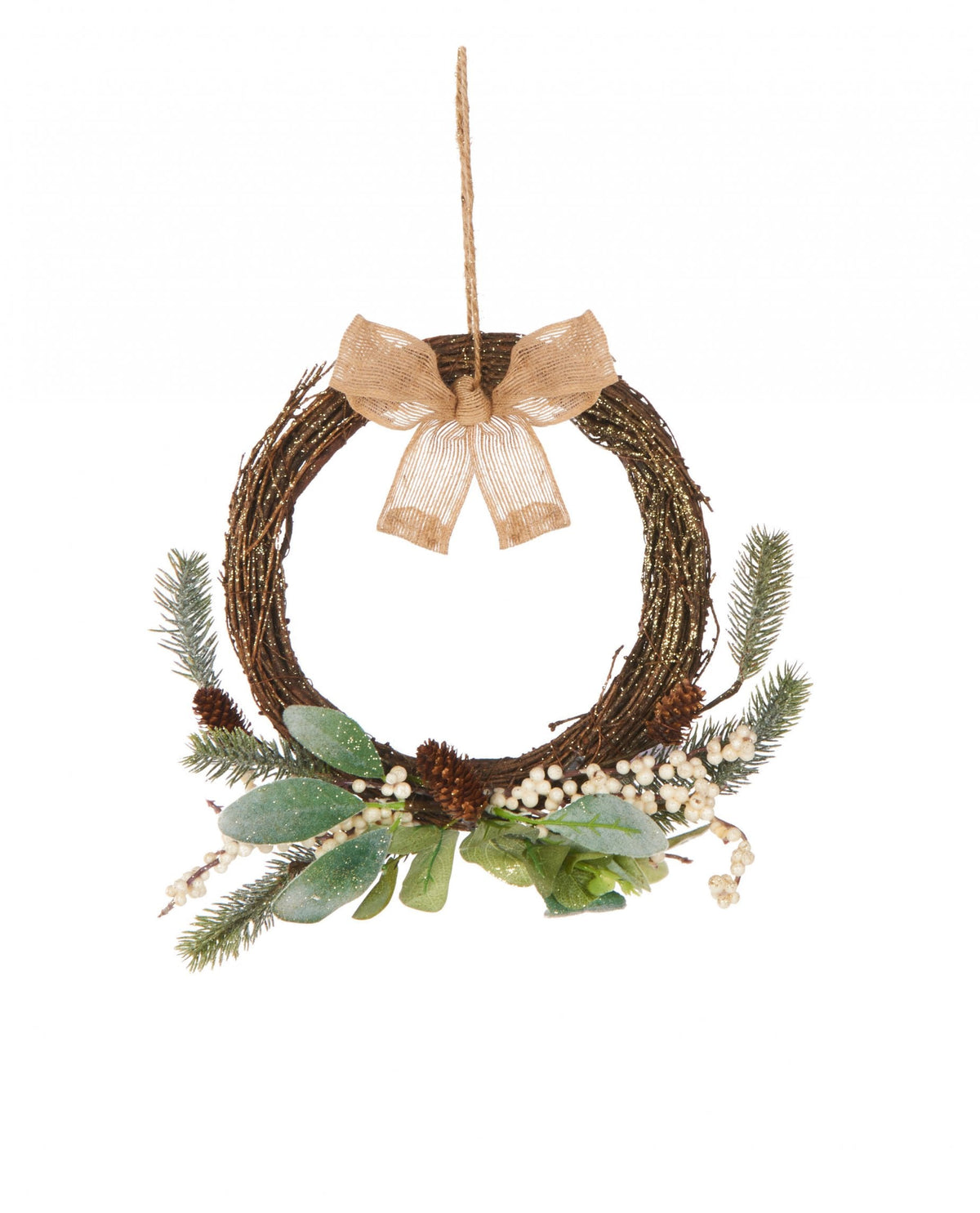 Couronne à suspendre naturelle eucalyptus avec petit nœud marron et baies blanches