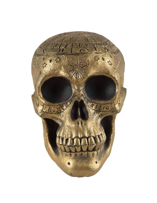 Vue de face du crâne de squelette avec pentagramme doré