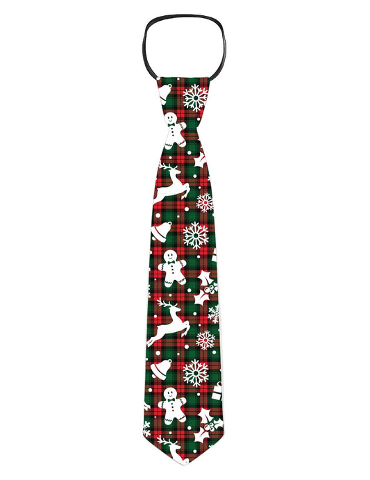 Détail des motifs de la cravate tartan et motifs de Noël