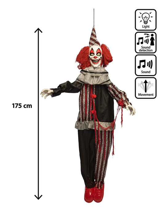 Висяща анимирана декорация зъл клоун със смях и движения 175 cm