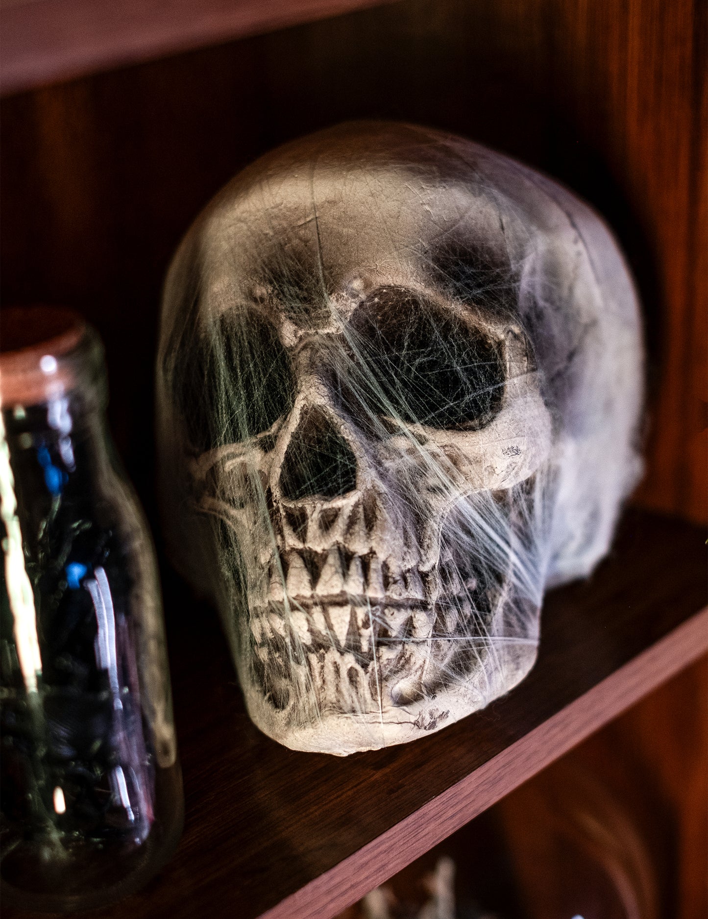 Vue de trois-quarts de la décoration crâne avec toile d'araignée