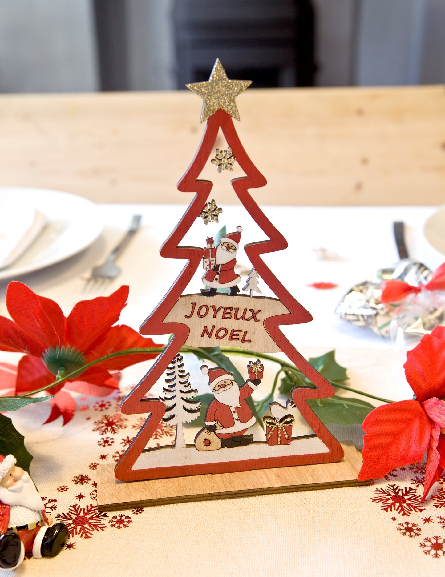 Дървена коледна украса за елха, червена, Весела Коледа, 23 x 15 x 4 cm за маса