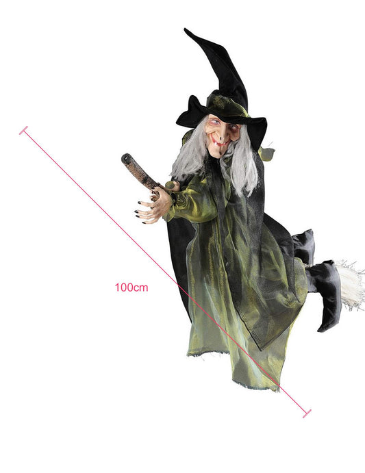 Dimensions de la décoration sorcière volante sur balai pour halloween