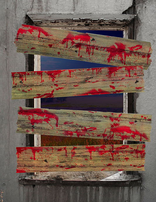 Mise en situation sur une fenêtre des décorations barricades de zombie
