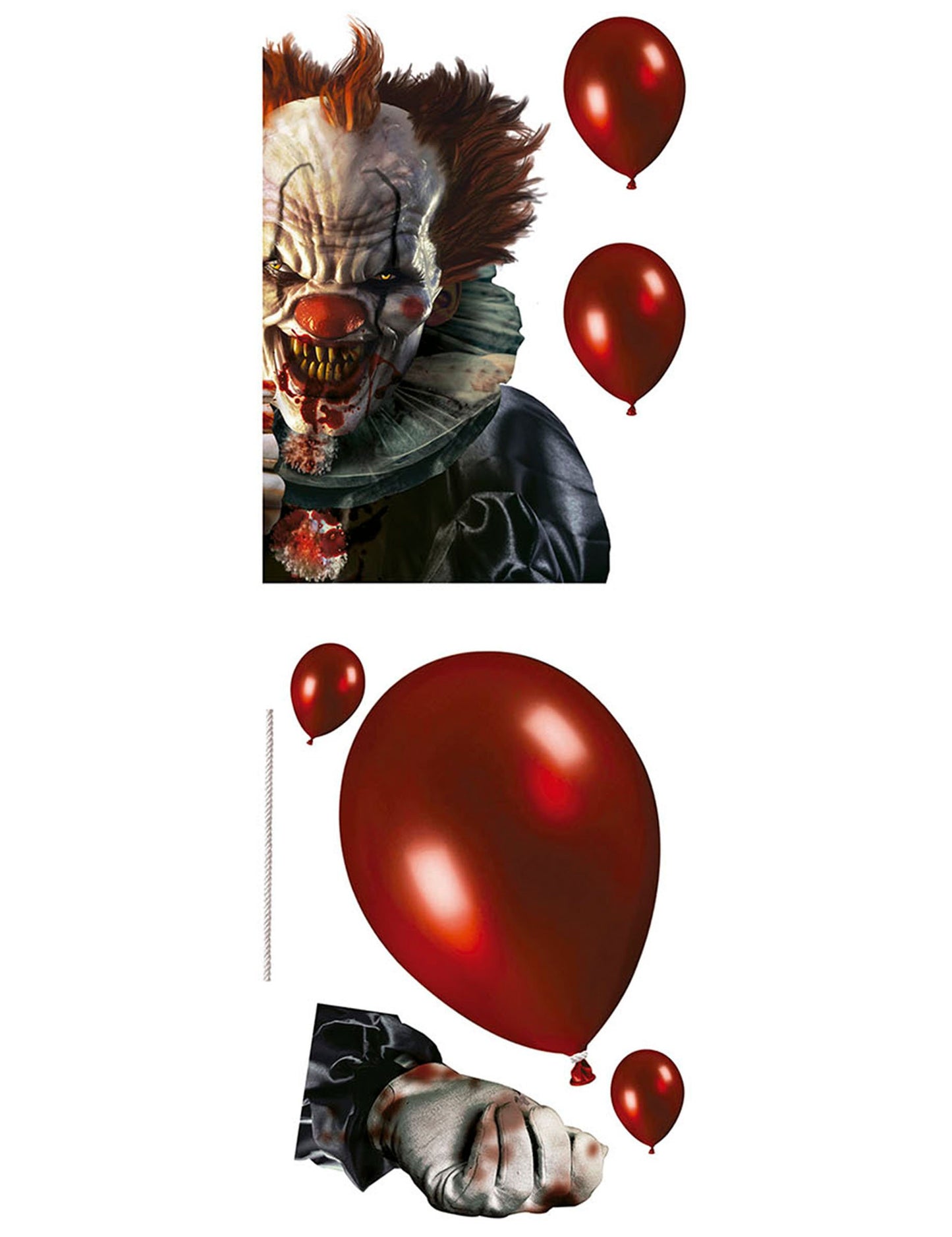 Détail des motifs des décorations pour fenêtre clown terrifiant