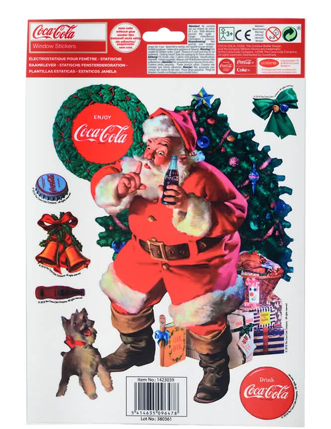 Детайл на стикерите за декорация за прозорци Coca-Cola дядо коледа