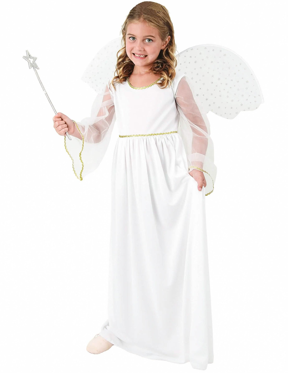 Déguisement ange pour fille blanc avec ailes et baguette étoilée