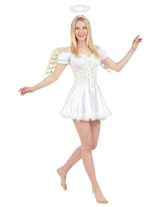 Vue de face du déguisement ange blanc sexy pour femme