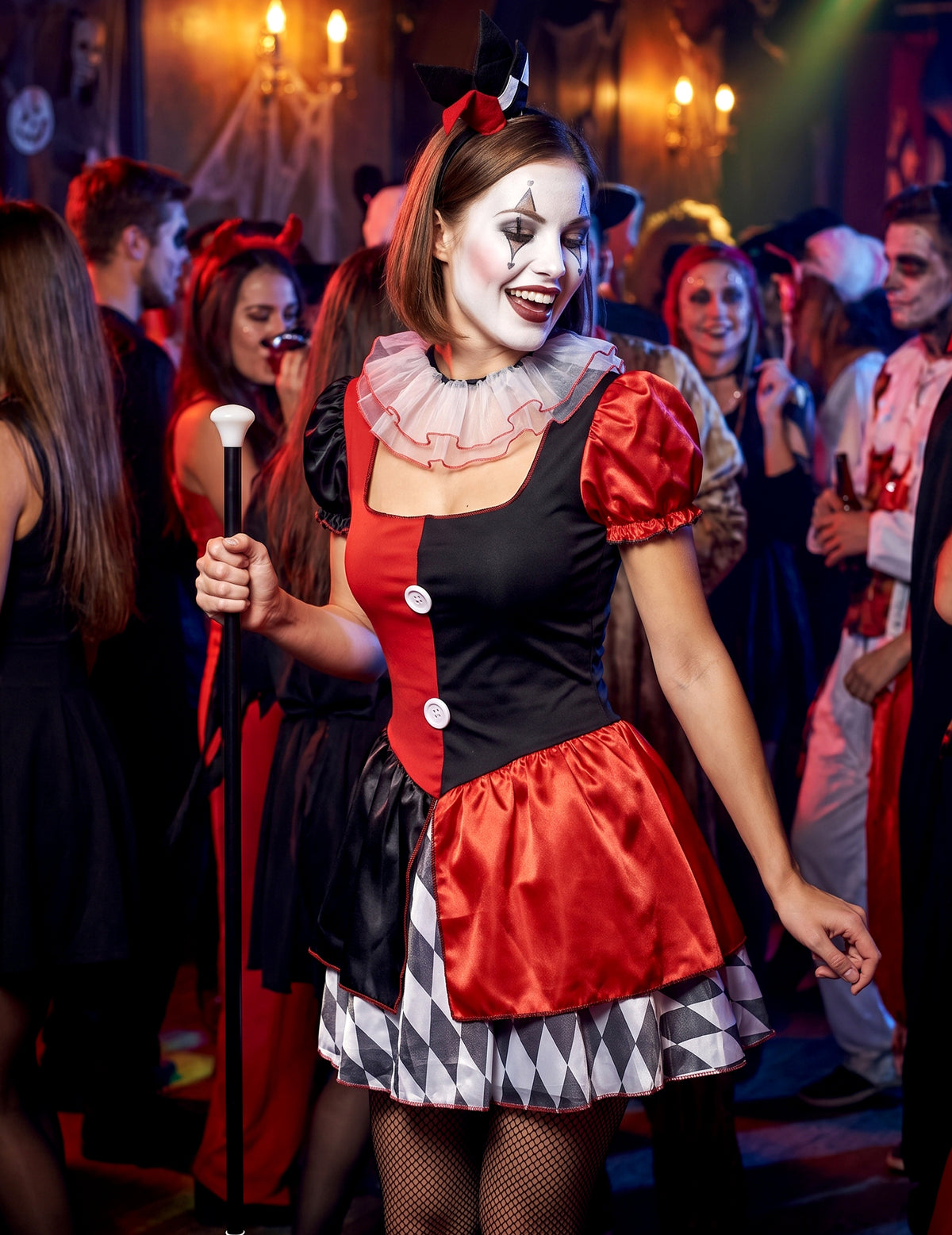 Déguisement arlequin rouge et noir femme