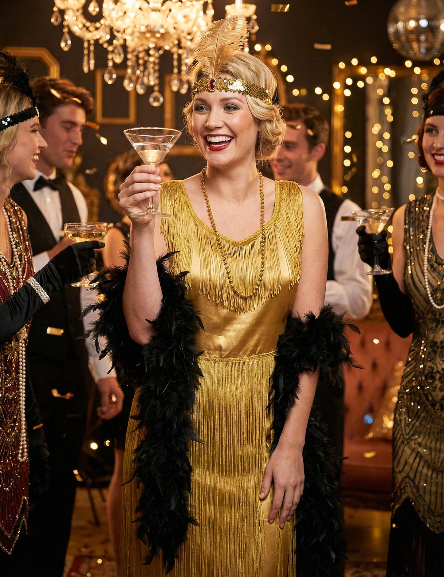 Златен костюм на Чарлстън с женски ресни