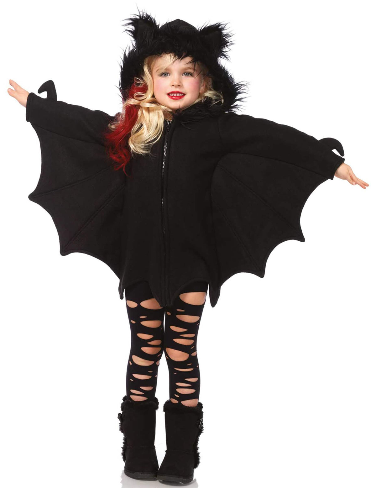 Déguisement de chauve-souris pour fille noir avec ailes et capuche à fourrure