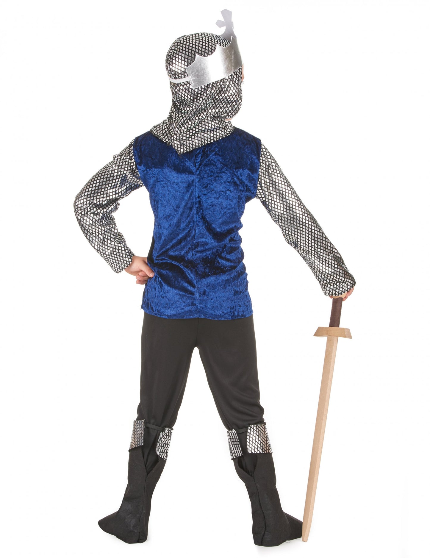 Вид отзад на костюма на тъмен син рицар за момче