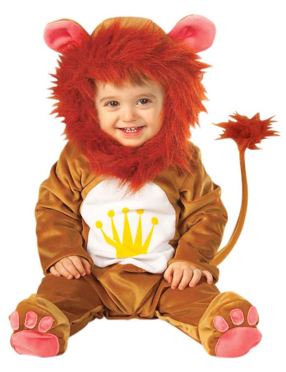 Déguisement lion pour bébé marron avec crinière rousse et couronne jaune