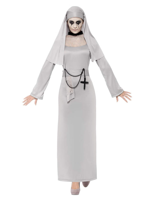 Vue de face du déguisement de fantôme religieuse pour femme