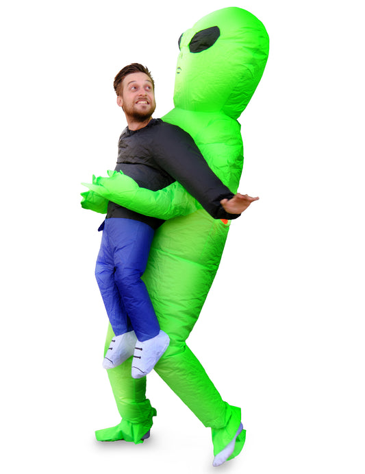 Vue de profil du déguisement gonflable porté par un alien pour adulte