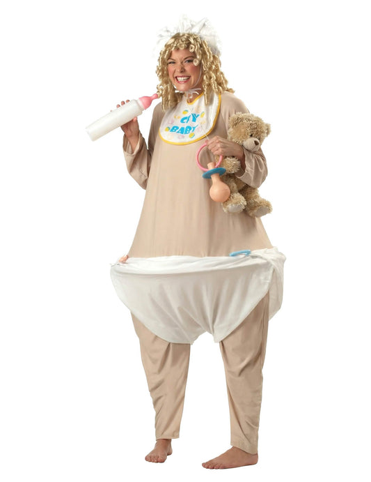 Vue de face pour femme avec accessoires du déguisement de gros bébé deluxe