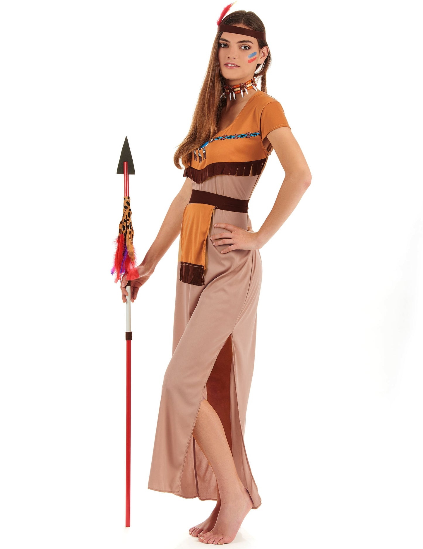 Vue de profil avec lance du déguisement d'indienne pour femme
