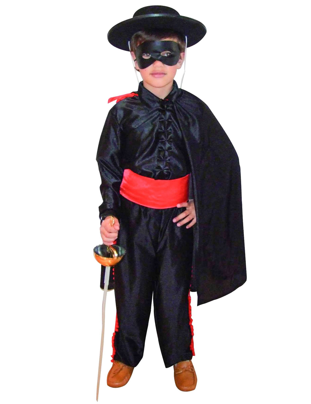 Déguisement justicier masqué pour garçon noir effet satin avec ceinture rouge