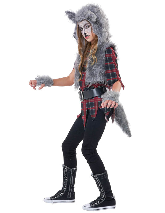 Vue de profil du déguisement loup garou luxe pour fille