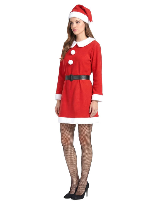 Vue de profil du déguisement Mère Noël pompons