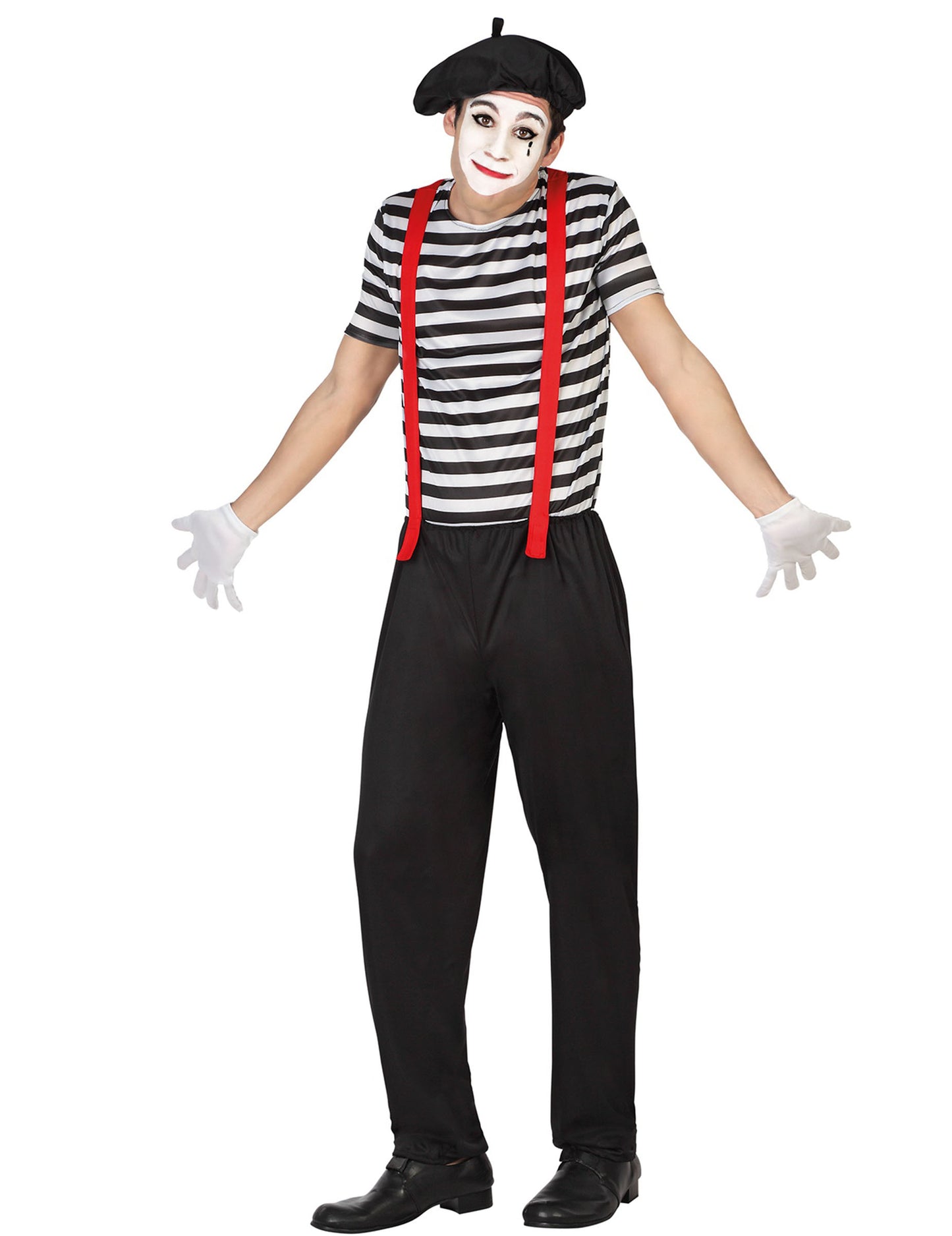 Déguisement de mime pour homme avec pantalon noir t-shirt à rayures et bretelles rouges