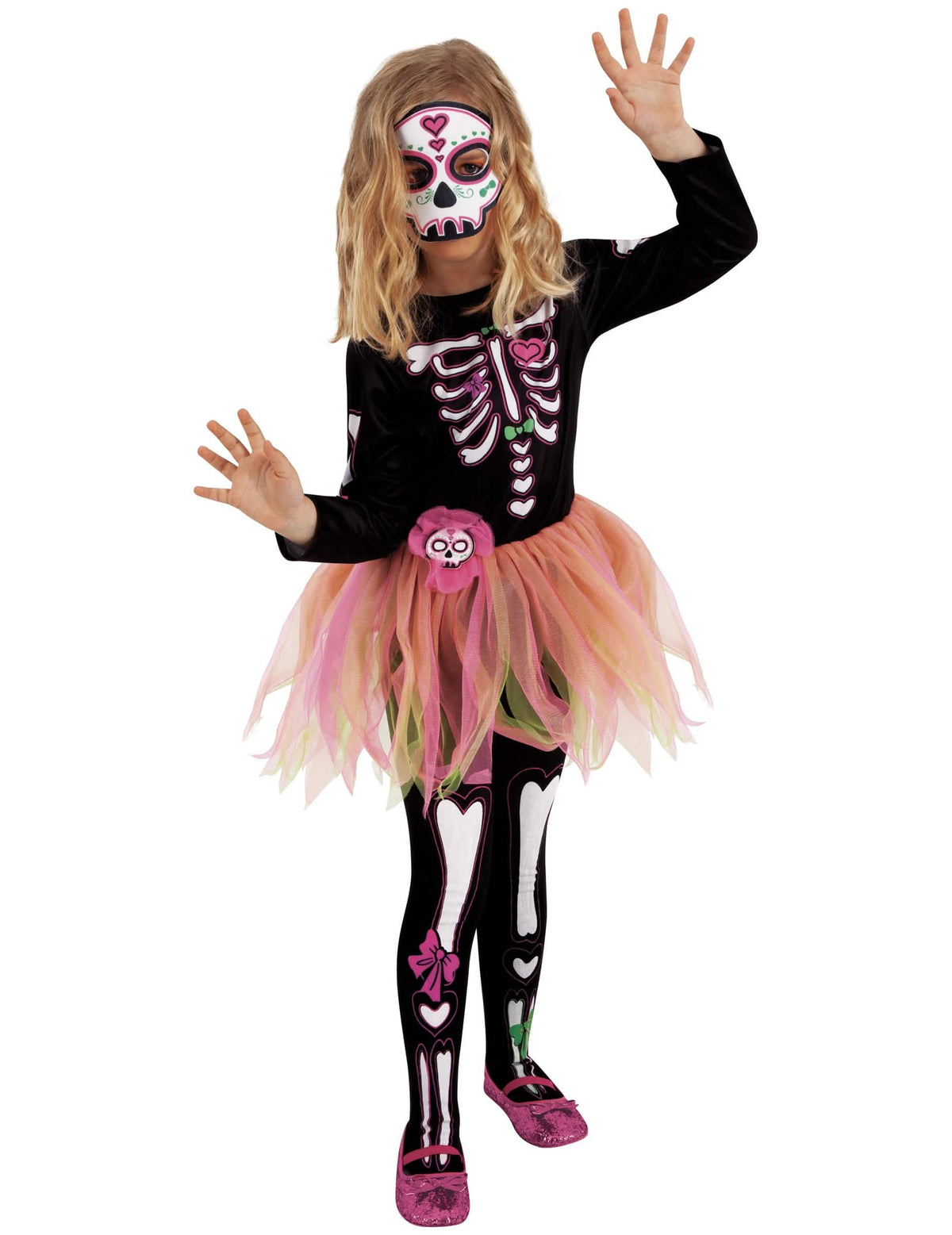 Костюм Miss Dia de los Muertos за момиче черен и розов с маска и чорапогащник