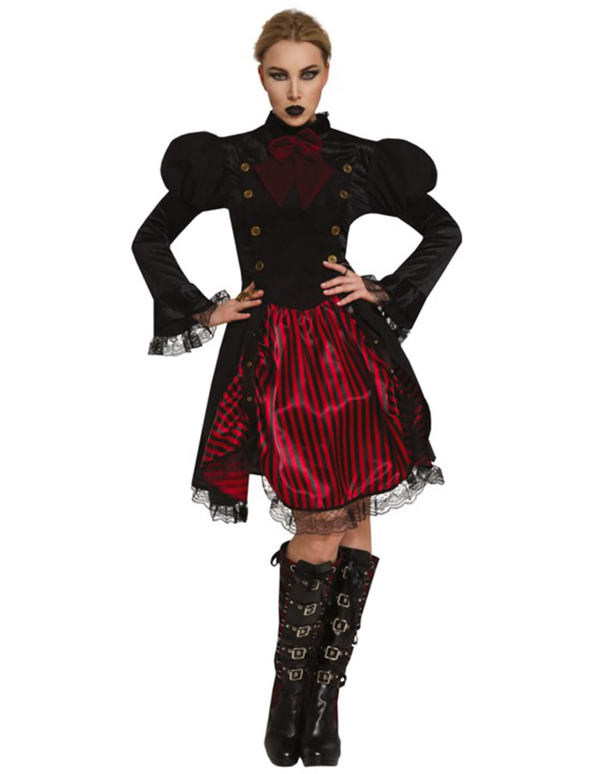 Карнавален костюм Miss Steampunk за жена черен и червен на райета с дантела
