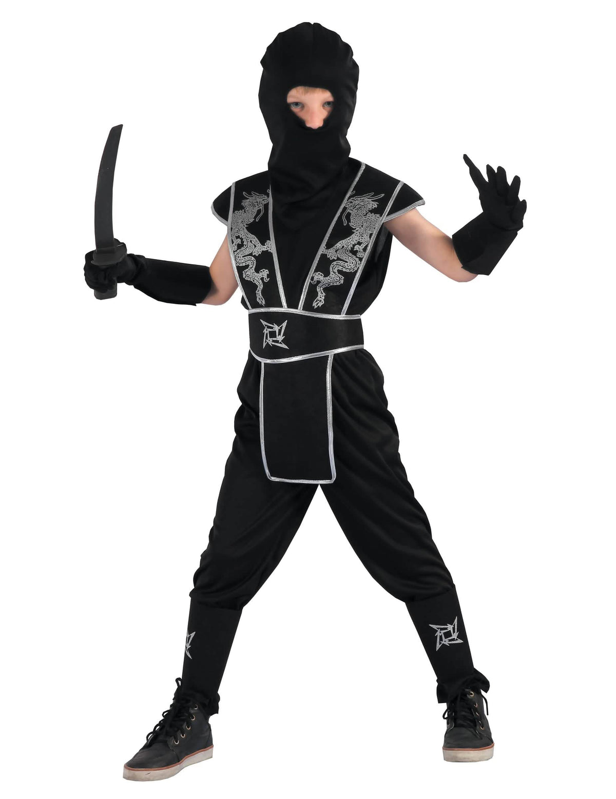 Déguisement ninja étoile Shuriken pour garçon noir et argent avec motifs dragons