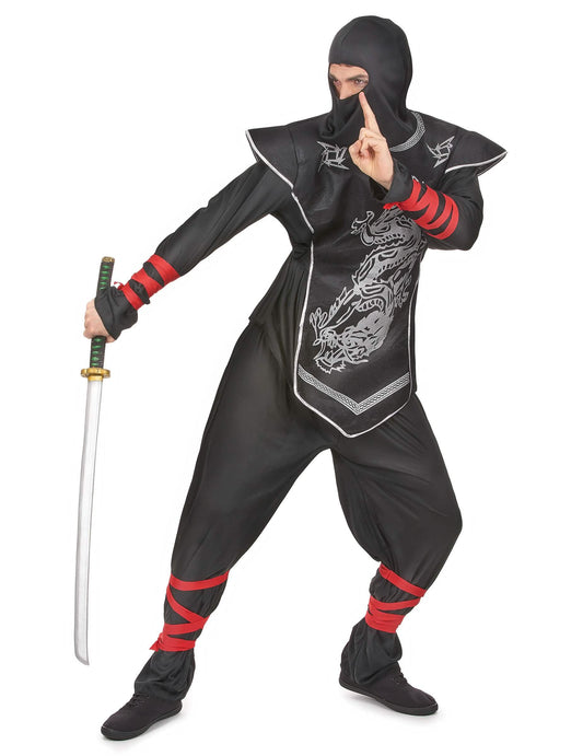 Pose de combat avec katana du déguisement ninja dragon argentés