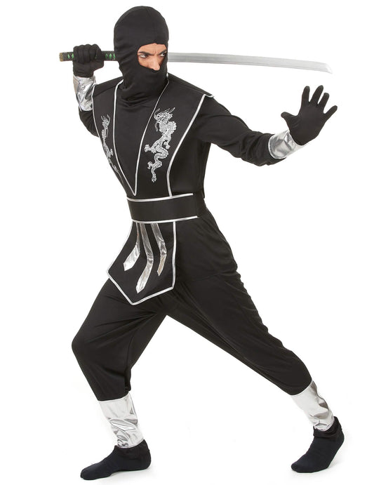 Vue de profil du déguisement de ninja pour homme noir et argenté