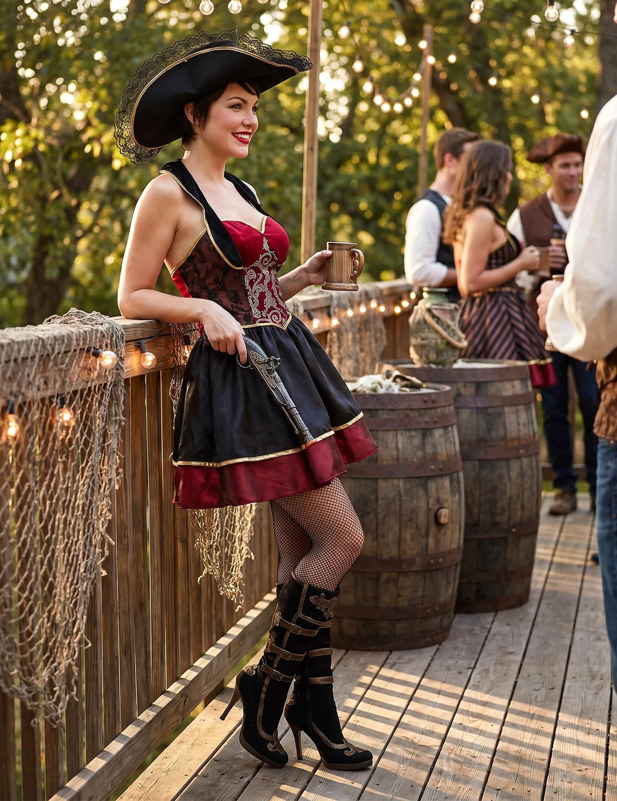 Déguisement Pirate baroque rouge et noir femme