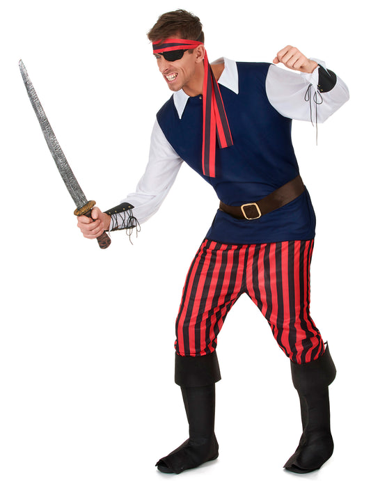 Vue de profil avec sabre du déguisement de pirate pour homme à rayures rouges et noires