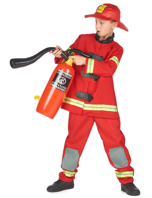 Déguisement de pompier pour enfant rouge avec chapeau et extincteur gonflable
