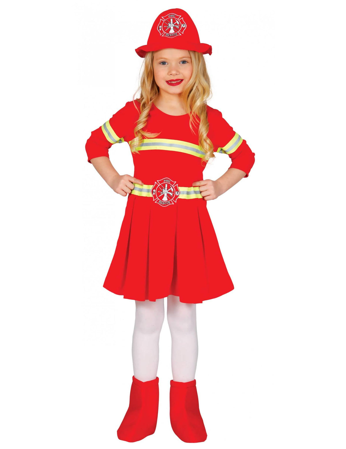Déguisement robe pompier pour fille rouge avec chapeau et bandes réfléchissantes