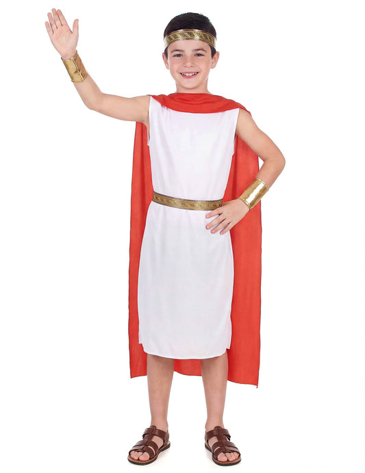 Déguisement romain à cape pour garçon blanc et rouge avec accessoires dorés