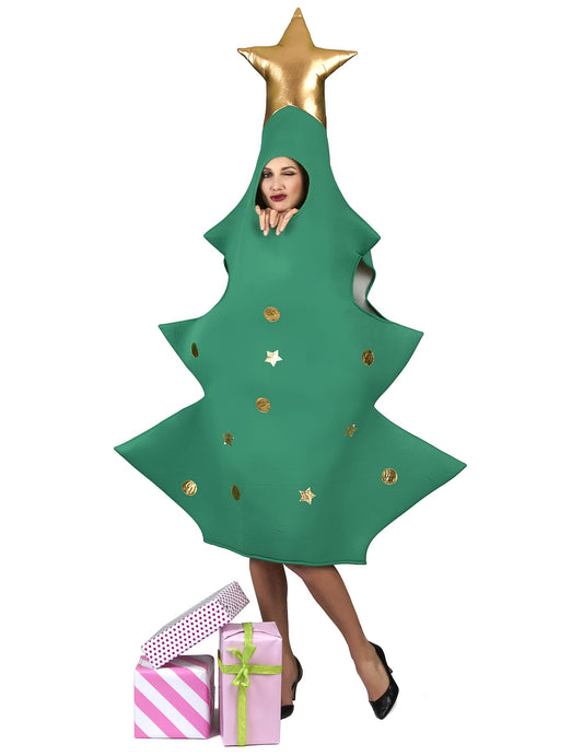 Mise en situation avec boîtes cadeaux du déguisement sapin 3D pour adulte