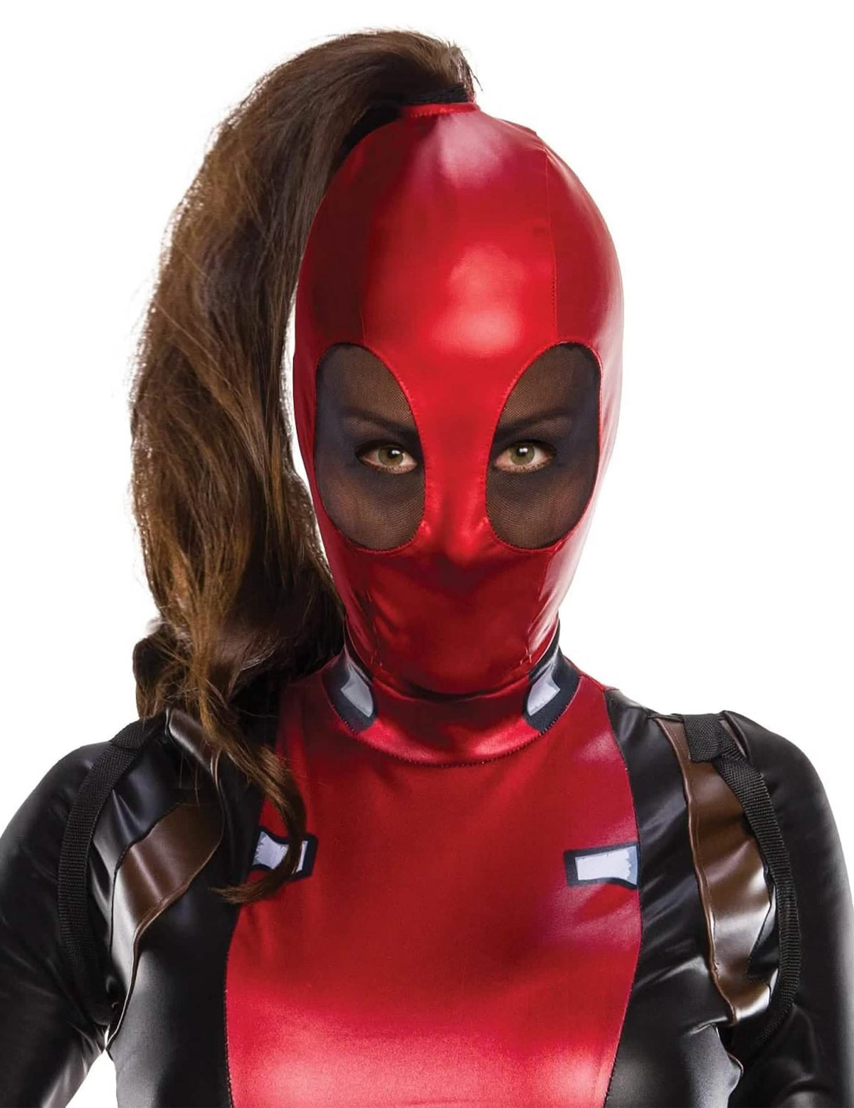 Крупен план на маската на секси костюма Lady Deadpool