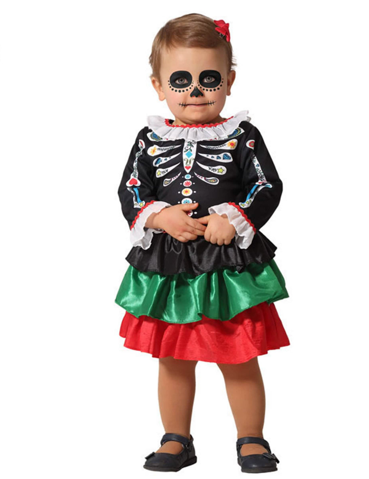 Костюм скелет Dia de los muertos за бебе момиче черен с трицветна пола с волани