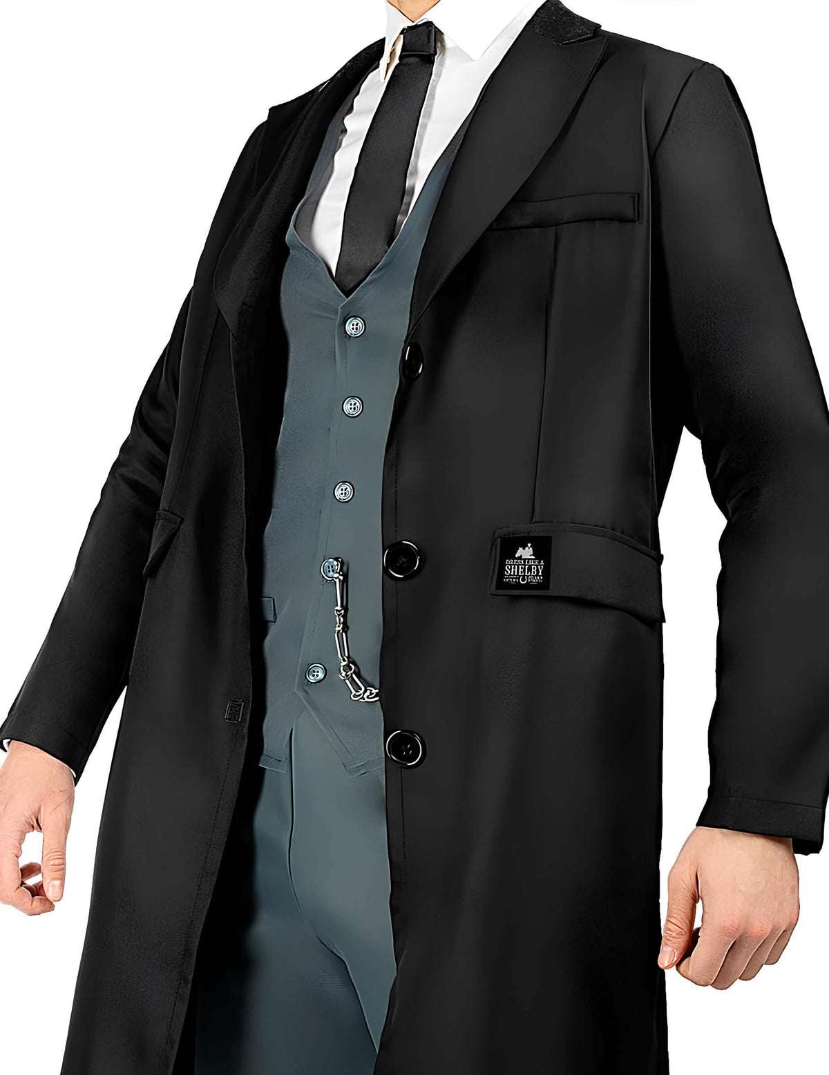 Gros plan sur le veston et le manteau du déguisement Tommy Shelby Peaky Blinders™