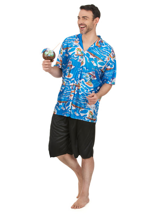 Vue de face de la tenue complète du déguisement touriste Hawaïen pour homme