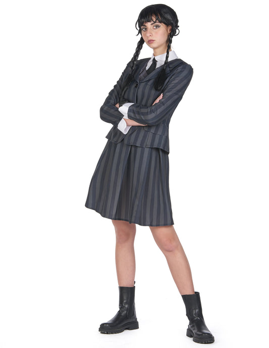 Déguisement uniforme scolaire gothique pour femme gris et noir à rayures