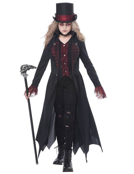 Vue de face avec canne du déguisement vampire gothique luxe pour fille