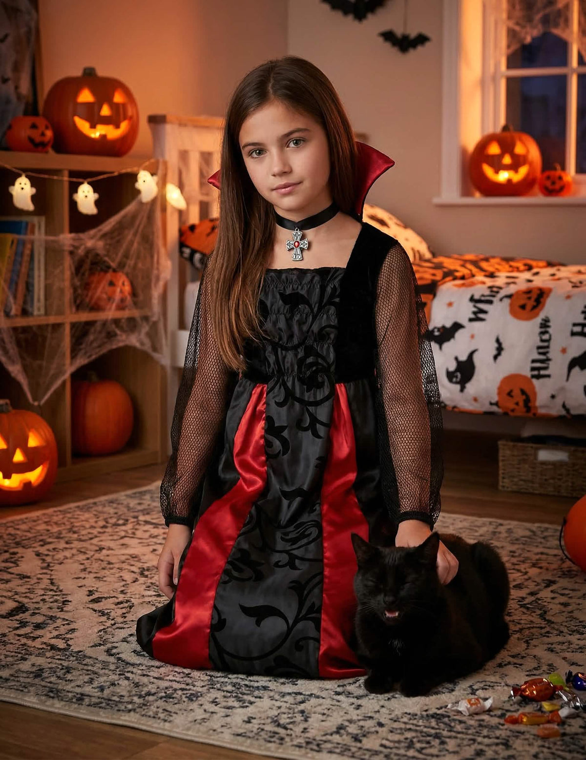 Поставена в сцена в декор за halloween на сатенирания костюм Вампир за момиче